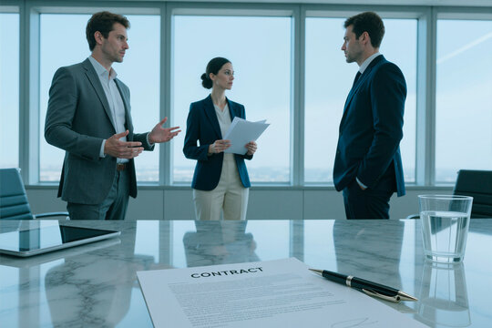 Wide shot of Caucasian business team discussing contract terms during office negotiation, signaling partnership and decision making. Ideal for legal services, corporate deals, leadership