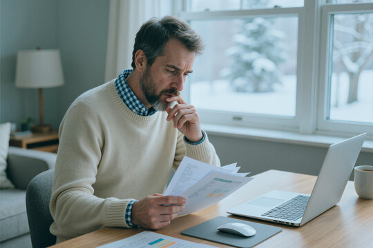 Middle aged Caucasian man reviewing paperwork beside laptop, analyzing household budget or bills from home with concerned expression. Ideal for personal finance, debt, tax, remote admin