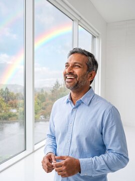 South Asian Man Smiling at Bright Rainbow After Rain