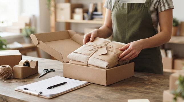 Small Business Owner Packing Order in Craft Box at Table