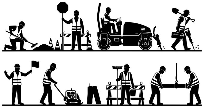 Construction Workers Set: Roadwork, Paving, and Maintenance Icons, Vector Graphics for Infrastructure Projects