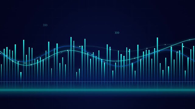 Neon blue audio spectrum animation with glowing sound waves on dark background for digital music visu