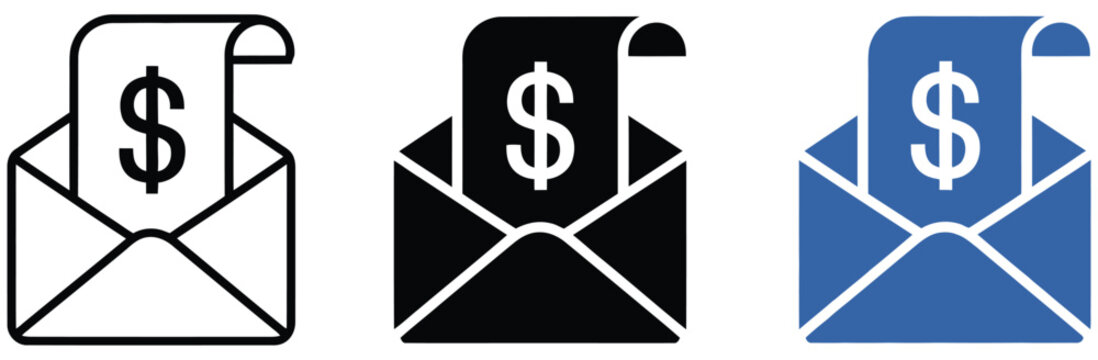 Email Money Icons featuring currency documents enclosed in envelopes, electronic transactions, payment notifications, financial messaging, online banking, and monetary vector designs.