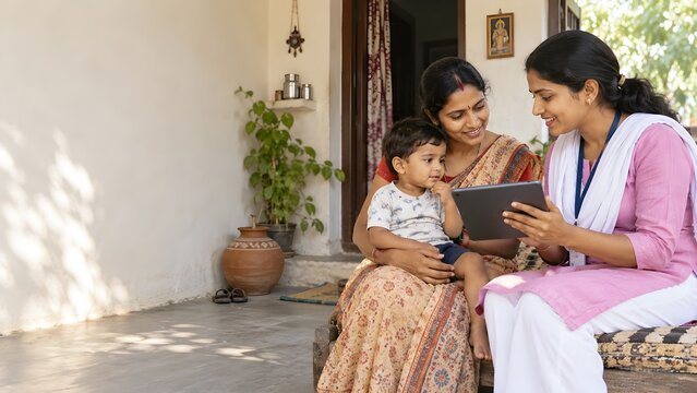 Indian Community Health Worker Conducting Respectful Family Health Visit with Mother and Child Using Digital Tablet