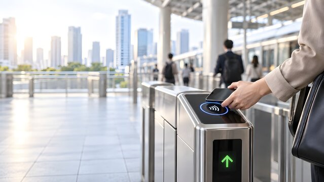 Commuter Tapping Smartphone or Contactless Card at Public-Transit Gate for Smart Urban Mobility and Digital Fare Payment