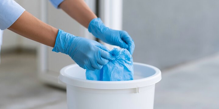 Person disposing blue gloves in bin