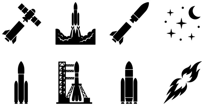 Space Rocket Launch Icons, Satellite, Stars, and Meteor Vector Set: Futuristic Technology and Cosmic Exploration Graphics