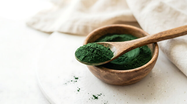 Wooden bowl and spoon with spirulina powder for healthy nutrition