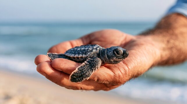 Tiny sea turtle held in hand on beach background
