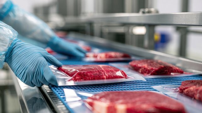 Meat packaging process in industrial food production