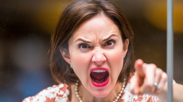 Anger Unleashed: A woman with an intense expression, mouth open in a shout and finger pointing aggressively, embodies furious rage.