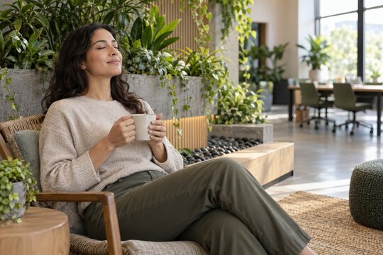 Woman taking a mindful break beside an indoor office garden