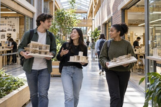 Architecture students carrying scale models through a campus