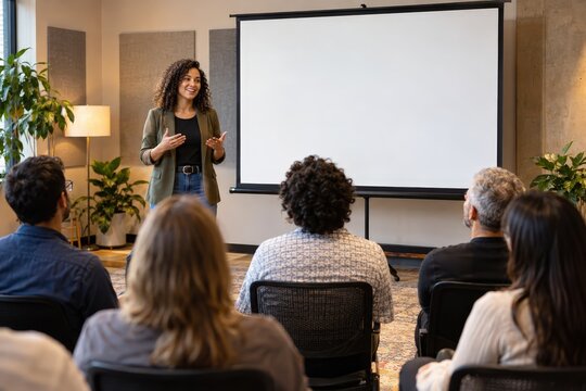 Woman speaking to an audience beside a blank presentation screen