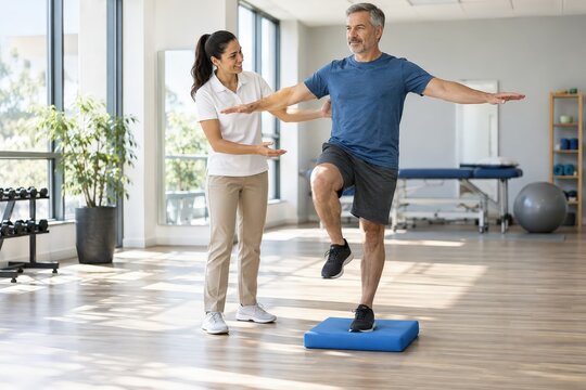 Physiotherapist guiding balance practice in a rehabilitation studio