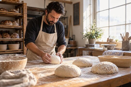 Artisan baker shaping sourdough loaves by hand