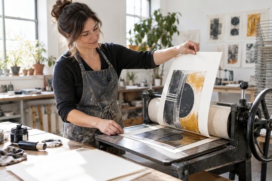 Printmaker lifting an abstract print from a manual press