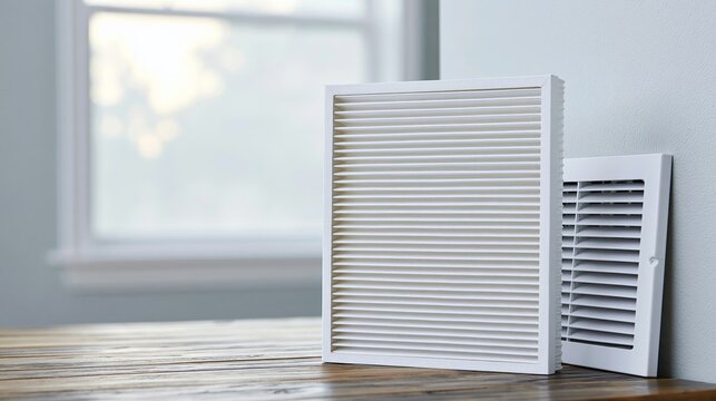 Air filter and vent grille on wooden table