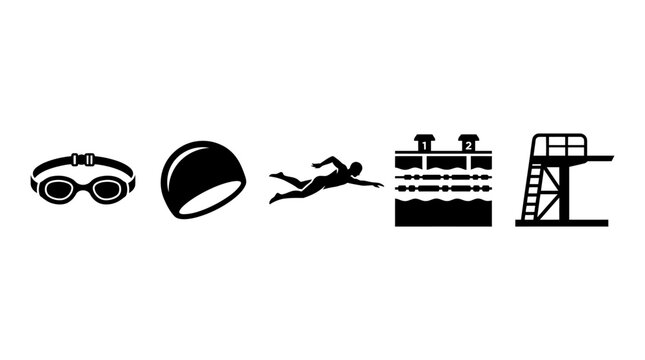 Set of black swimming icons featuring goggles cap swimmer pool and diving board.