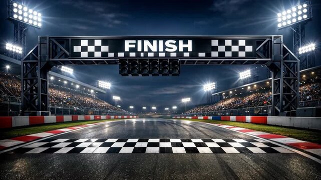 Grand Prix Racing Track Finish Line with Stadium Lights and Crowd