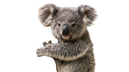Fluffy grey koala bear with large ears and black nose looking forward © Isadora