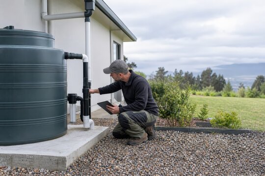 Technician inspecting a rainwater harvesting system