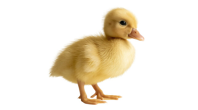 Fluffy yellow baby duckling standing sideways with orange beak and feet