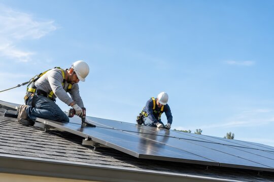 Solar installers securing panels on a residential roof