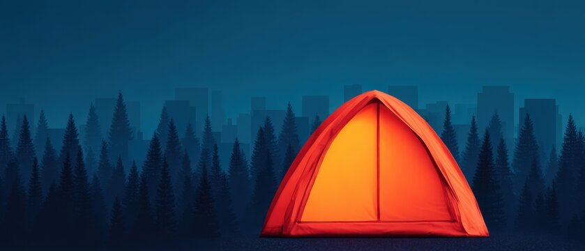 Illuminated orange tent in pine forest at night with city skyline silhouette background for outdoor adventure and urban escape travel concepts