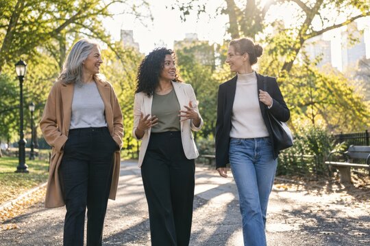 Professional women holding a walking meeting in a park