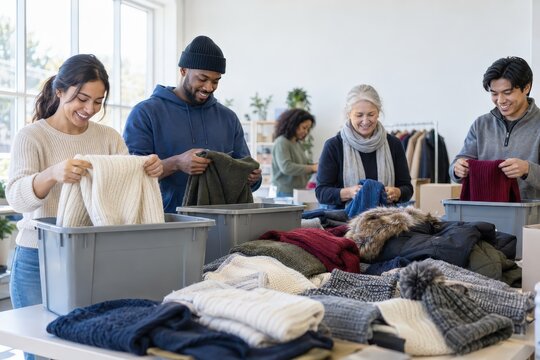 Volunteers sorting donated winter clothing at a community center