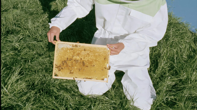 Beekeeper inspecting honeycomb frame outdoors with bees in grassy field, wearing protective clothing and showing careful attention