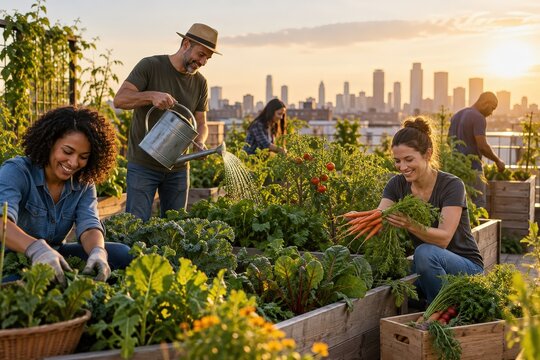 Neighbors harvesting vegetables in a rooftop garden