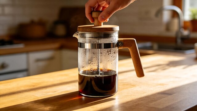 Hand pressing a glass French press coffee maker on a sunlit wooden kitchen counter