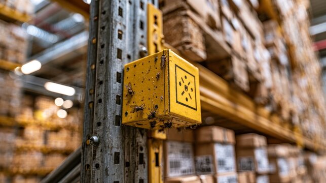Insect trap on warehouse shelf with caught flies