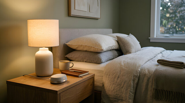 Minimalist bedroom nightstand setup with modern lamp and smart speaker beside neatly made bed