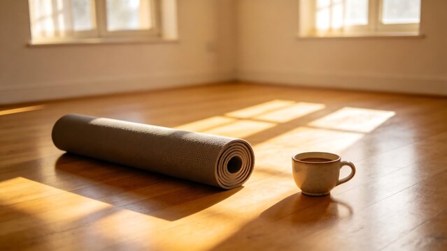 Rolled yoga mat and a cup of coffee on a sunny wooden floor in a peaceful room
