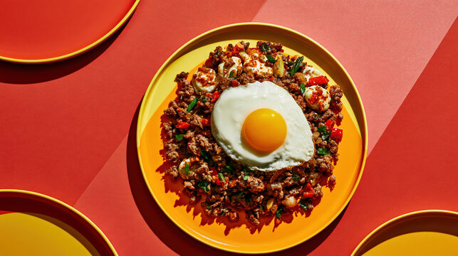 Colorful Asian inspired meal featuring savory minced meat and fried egg on yellow plate