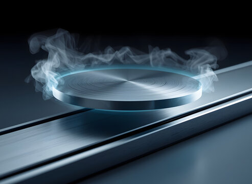 Macro view of quantum levitating superconductor disk with cold frost vapor over magnetic track