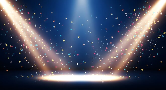 A festive happy birthday celebration background featuring bright stage spotlights shining down on a dark floor with sparkling golden dust particles for a special event