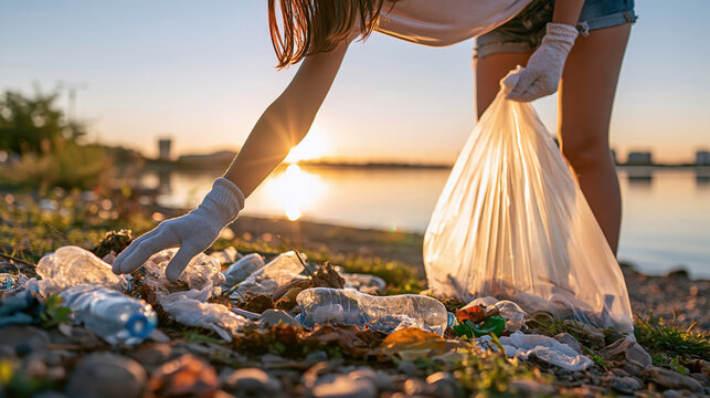 Environmental volunteer collecting discarded plastic bottles during beach cleanup at sunset with protective gloves and full trash bag