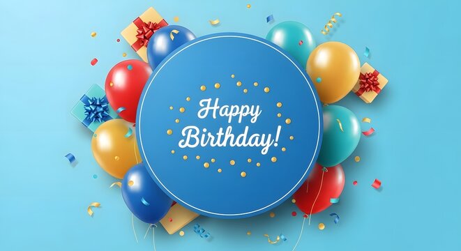 A festive blue background featuring a round frame with happy birthday text surrounded by colorful balloons and confetti for a joyful celebration greeting card design