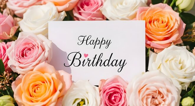 A beautiful greeting card with the text happy birthday placed elegantly in the center of a vibrant bouquet of colorful blooming roses for a celebration