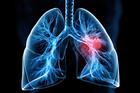 Detailed 3d rendering of human lungs with blue airway structures and highlighted red area indicating inflammation or disease in respiratory system anatomy