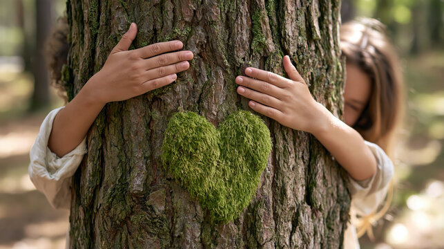 Forest conservation concept featuring child embracing tree trunk with moss heart and hidden face