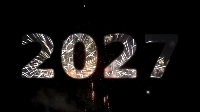 2027 Text Filled with Golden Fireworks on Black Background 4K