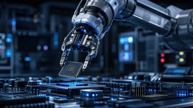A robotic arm precisely places a microchip on a high-tech circuit board inside a futuristic electronics manufacturing environment.