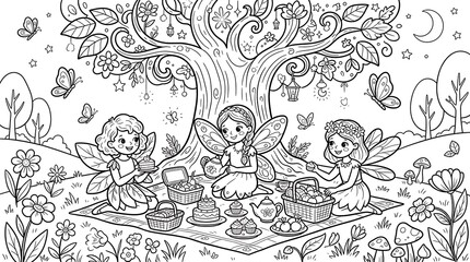Fototapeta premium Three fairies having a picnic under a large enchanted tree with hanging lanterns and butterflies in a whimsical woodland coloring page scene