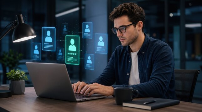 A focused man works on a laptop in a dark office, interacting with virtual profiles and digital data floating around him.