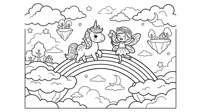 Unicorn and fairy playing on a magical rainbow bridge in the sky with floating islands, houses, fluffy clouds, stars, and a crescent moon